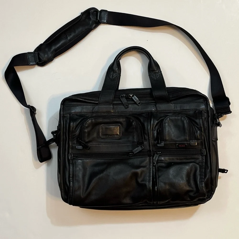 TUMI 96141DH Black Leather Shoulder Laptop Bag